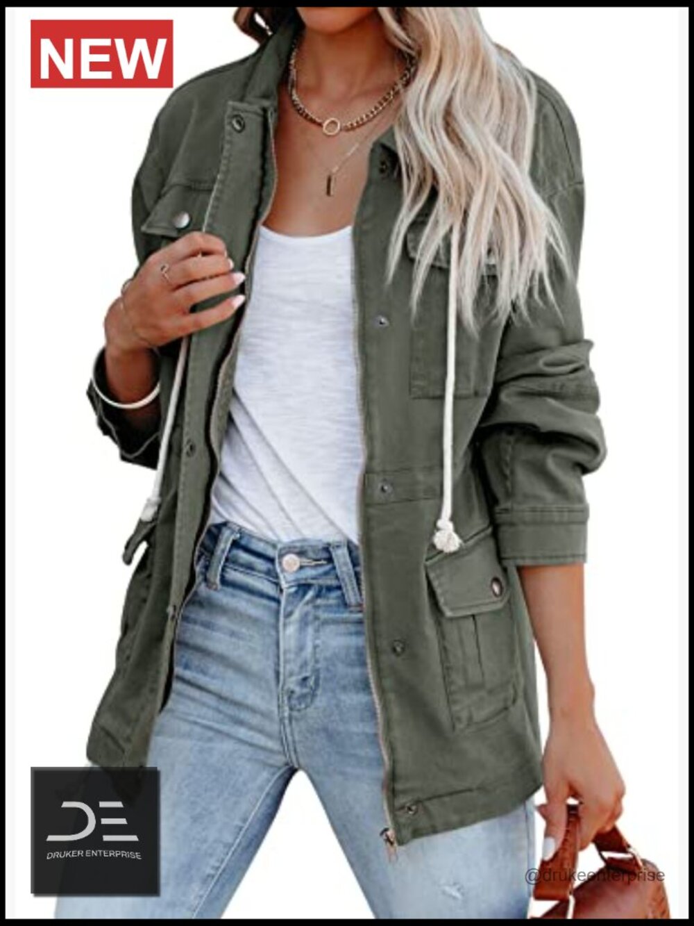 Lightweight Cotton Military Anorak Jacket Zip Up Snap Buttons Utility Coat With - Picture 2 of 5